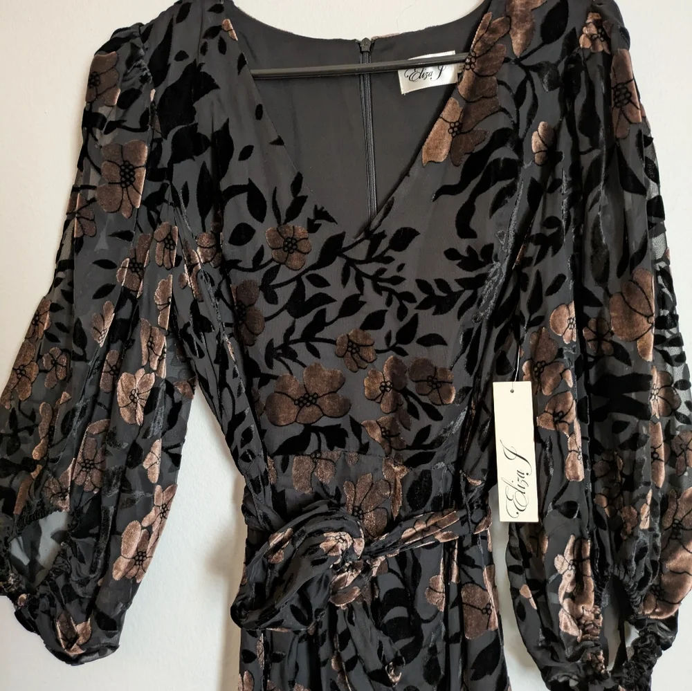 Eliza J Floral Velvet Burnout High-Low Gown Dress Balloon Sleeve Size 10 NWT - Picture 3 of 7